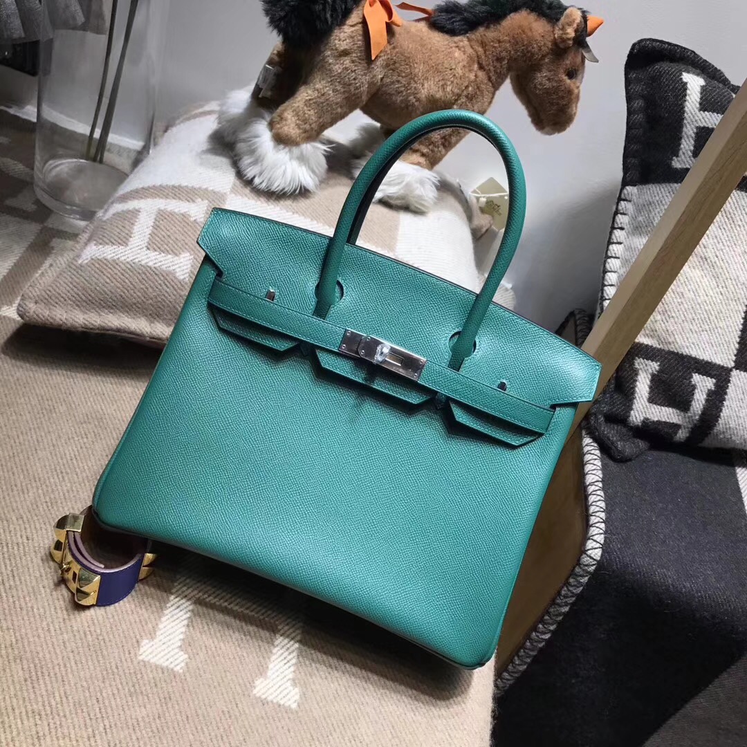 hermes 鉑金包Birkin包袋30 epsom Z6 Malachite 孔雀綠 銀扣