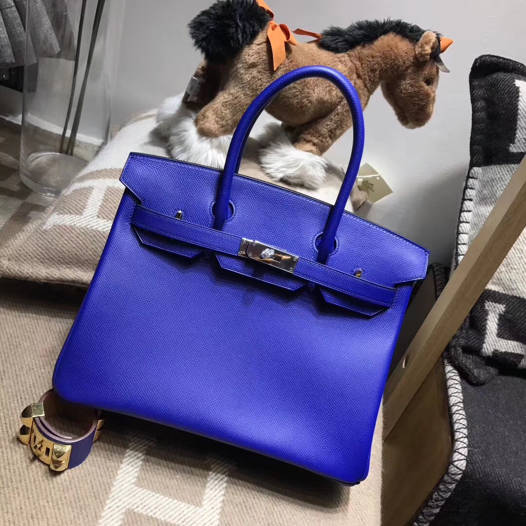 hermes 鉑金包Birkin包 30CM epsom 银扣 电光蓝 7t blue electric