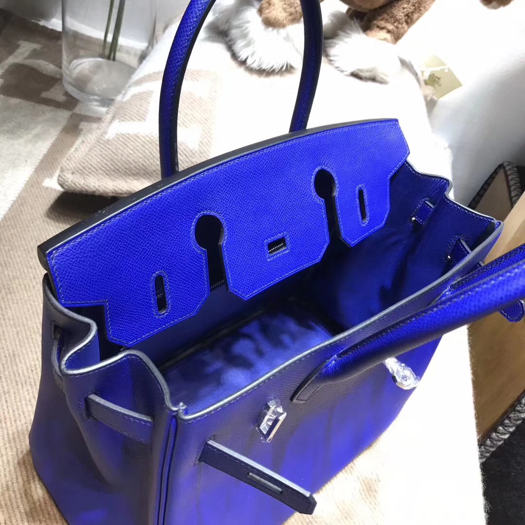 hermes 鉑金包Birkin包 30CM epsom 银扣 电光蓝 7t blue electric