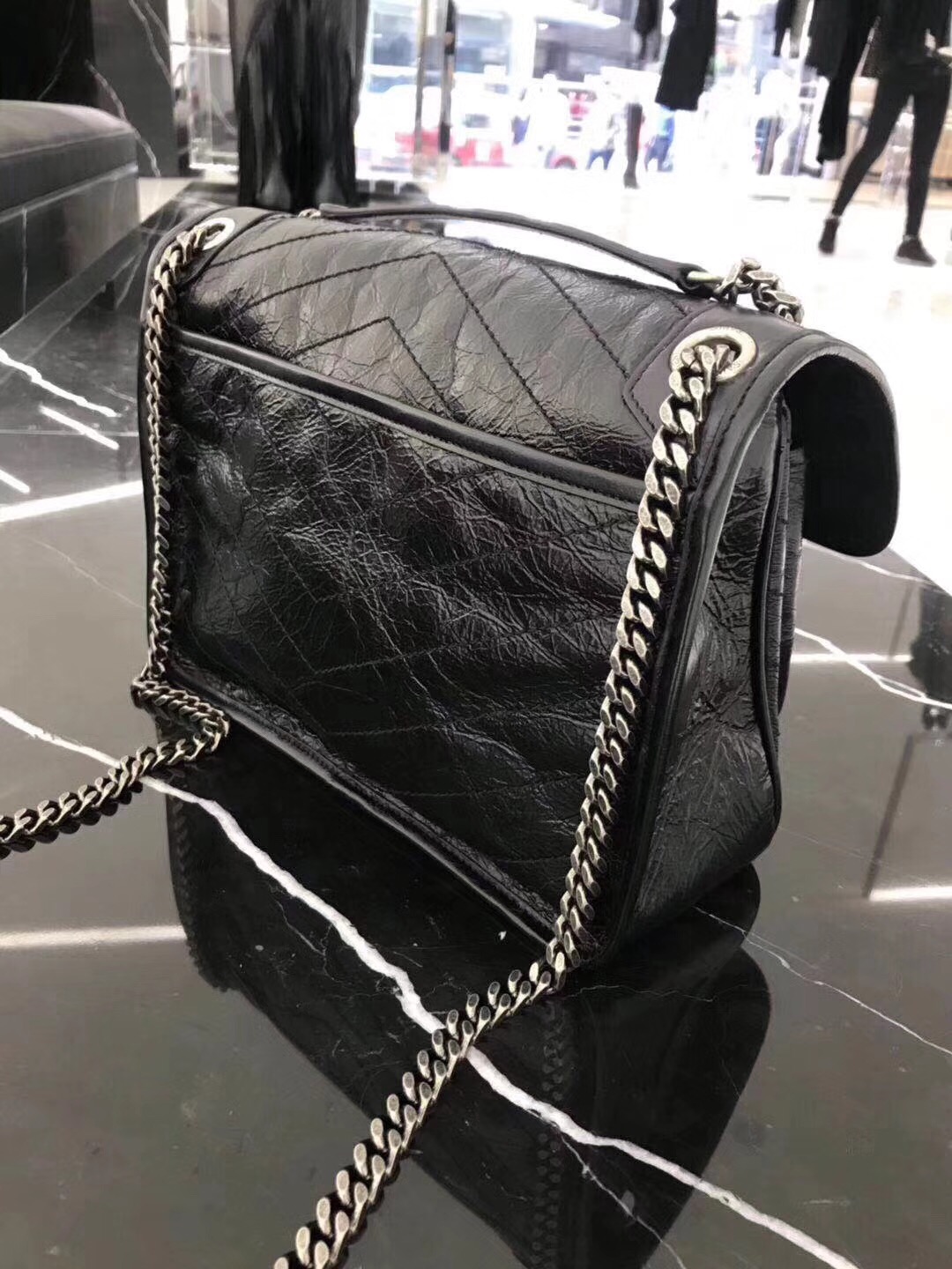 YSL Niki bags medium niki chain bag in crinkled and quilted black leather