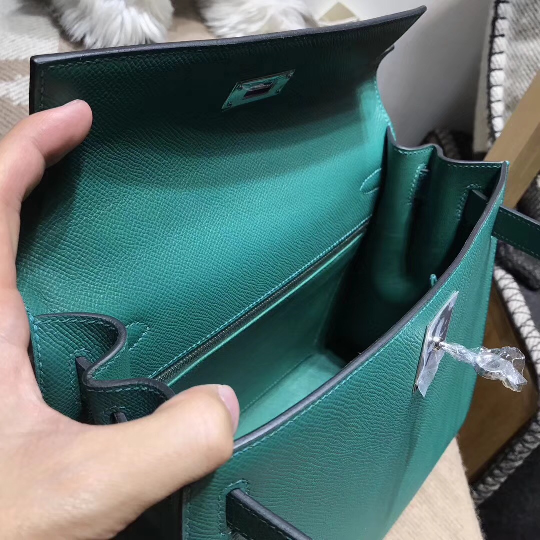 Hermes凱莉包 Kelly 28CM epsom 外缝銀扣 z6 孔雀綠 malachite