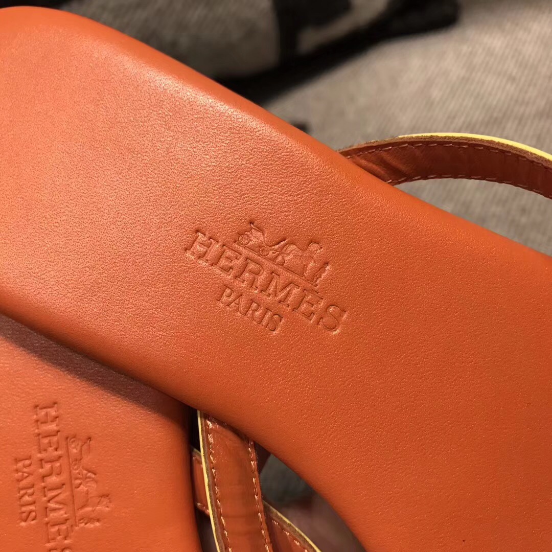 愛馬仕Hermes 橙色配色拖鞋進口皮 35～39尺碼