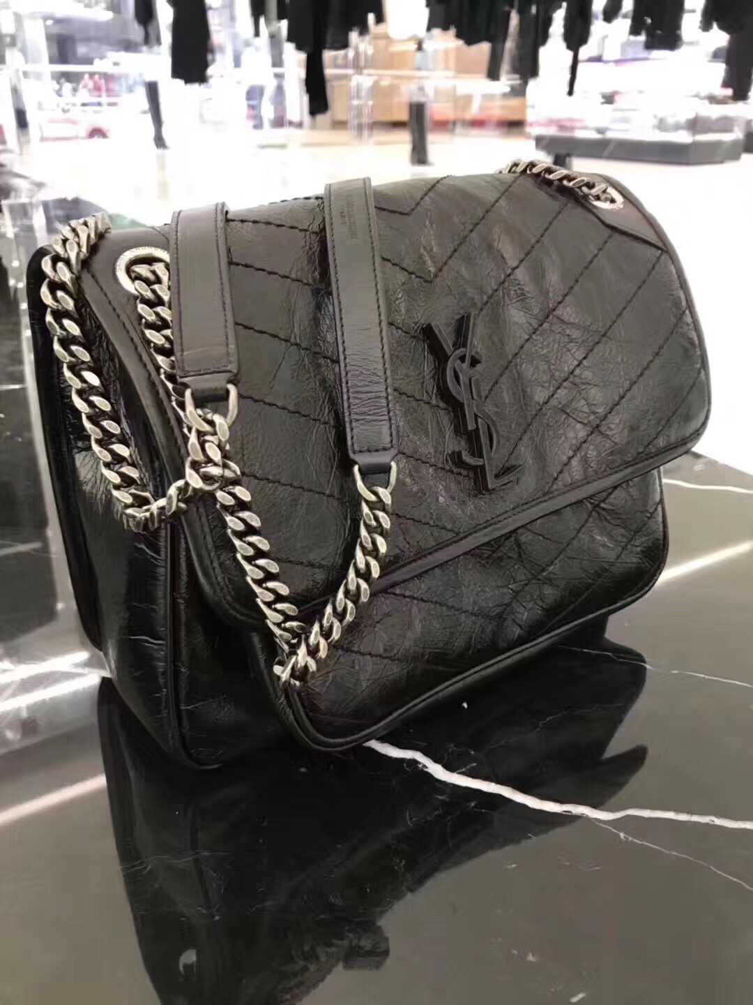 YSL Niki bags medium niki chain bag in crinkled and quilted black leather
