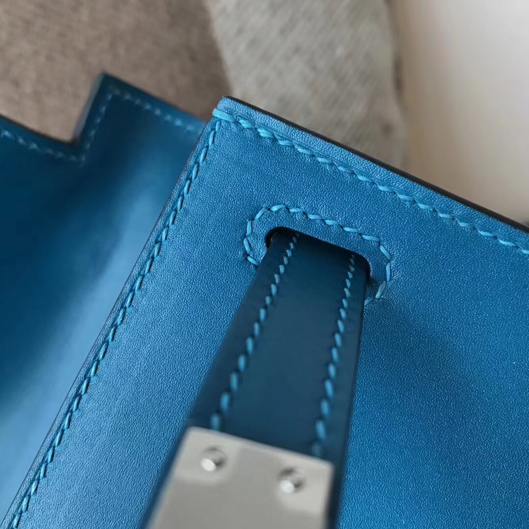 Hermes凱莉手包 mini kelly box 7W伊兹密尔蓝 Blue Lzmir 银扣 金扣金屬 手拿包