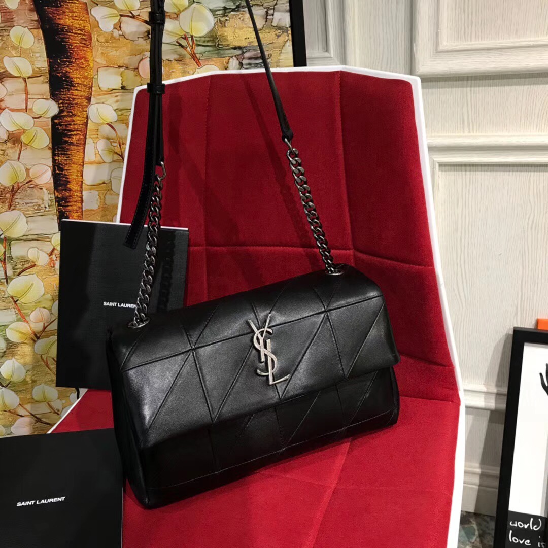 YSL JAMIE 中號黑色羊皮 拼接真皮女包