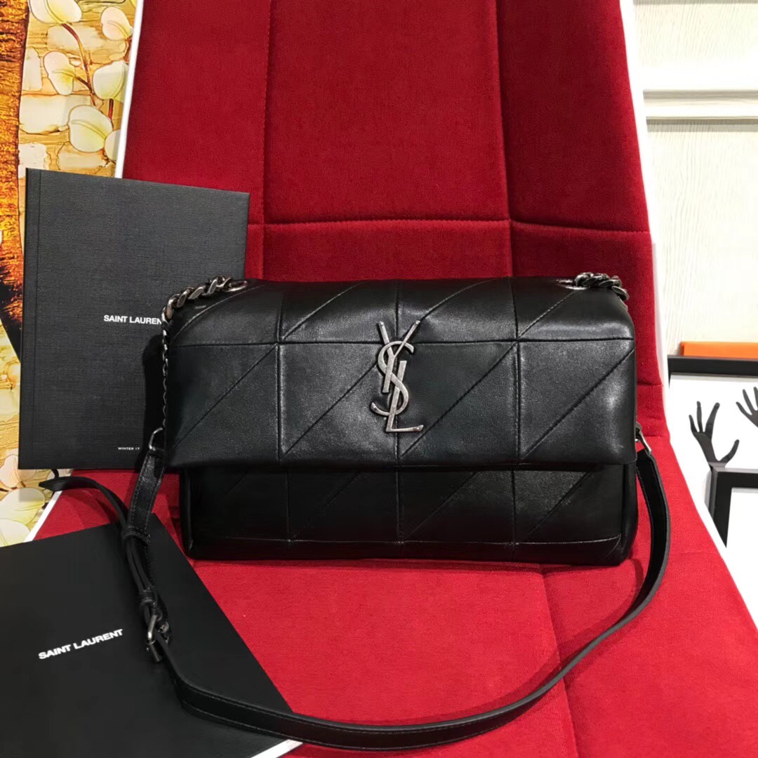 YSL JAMIE 中號黑色羊皮 拼接真皮女包