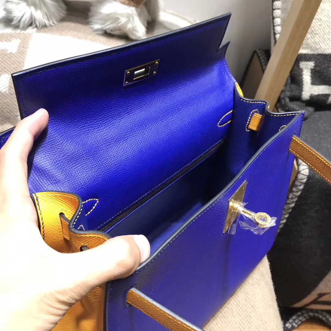 Hermes kelly 28 epsom 外封7T Blue Electric電光藍/9V JAUNE D'OR 太陽金黃金扣