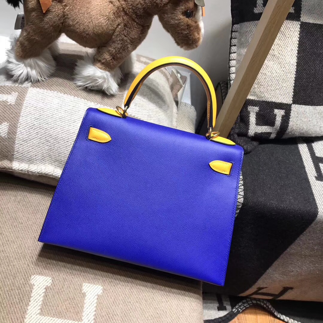 Hermes kelly 28 epsom 外封7T Blue Electric電光藍/9V JAUNE D'OR 太陽金黃金扣