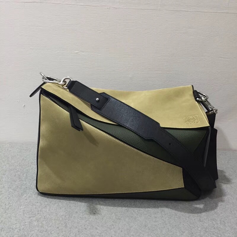羅意威幾何包 Loewe 特大號38cm 小牛皮 Puzzle Bag Gold/Military Green/Black