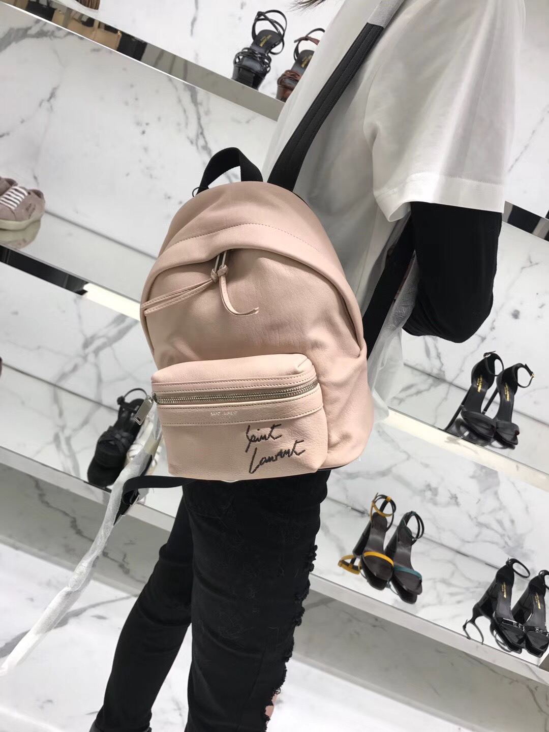 圣罗兰YSL TOY City Backpack Bag迷妳粉色羊皮 真皮刺繡背包