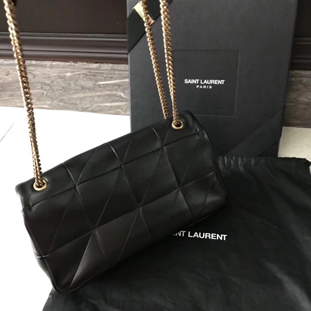 YSL Jamie bag 中號黑色羊皮拼接真皮包 四合扣封口翻蓋包