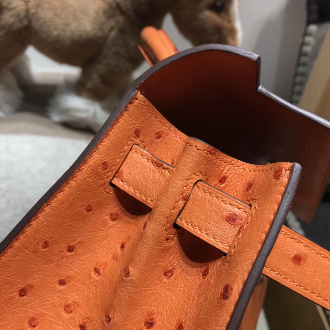 Hermes Kelly 28cm 鴕鳥皮經典橙色CK93 Orange 金扣外封本色蜜蠟線純手縫