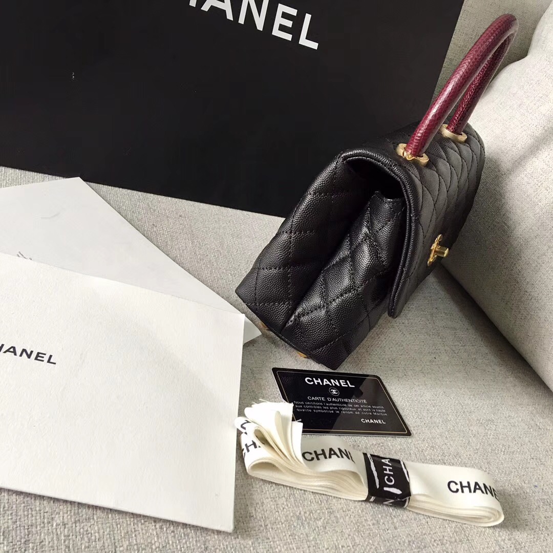 chanel復古手提包小號 coco handle bag 黑色小牛皮蜥蜴皮口蓋包 做舊五金