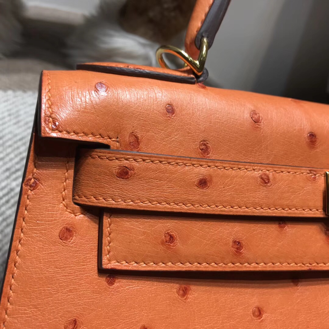 Hermes Kelly 28cm 鴕鳥皮經典橙色CK93 Orange 金扣外封本色蜜蠟線純手縫