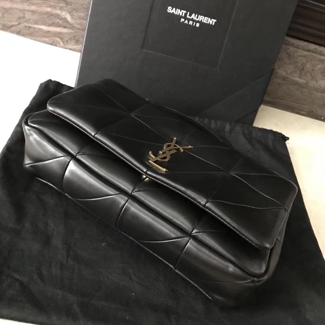 YSL Jamie bag 中號黑色羊皮拼接真皮包 四合扣封口翻蓋包