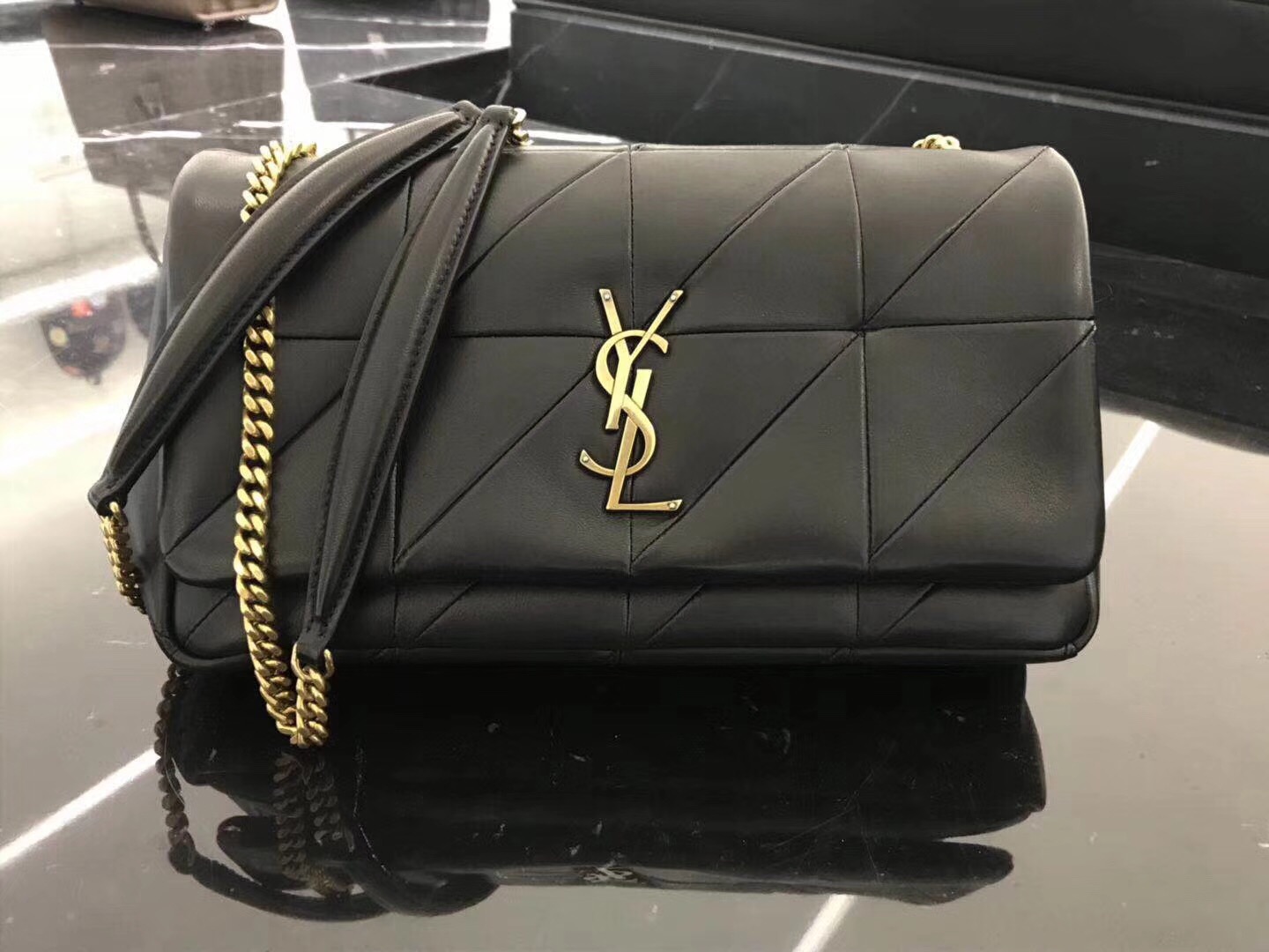 YSL Jamie bag 中號黑色羊皮拼接真皮包 四合扣封口翻蓋包