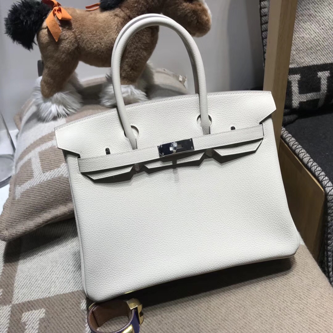 Hermes鉑金包Birkin 30CM Togo CK10 Craie 奶昔白 银扣金屬