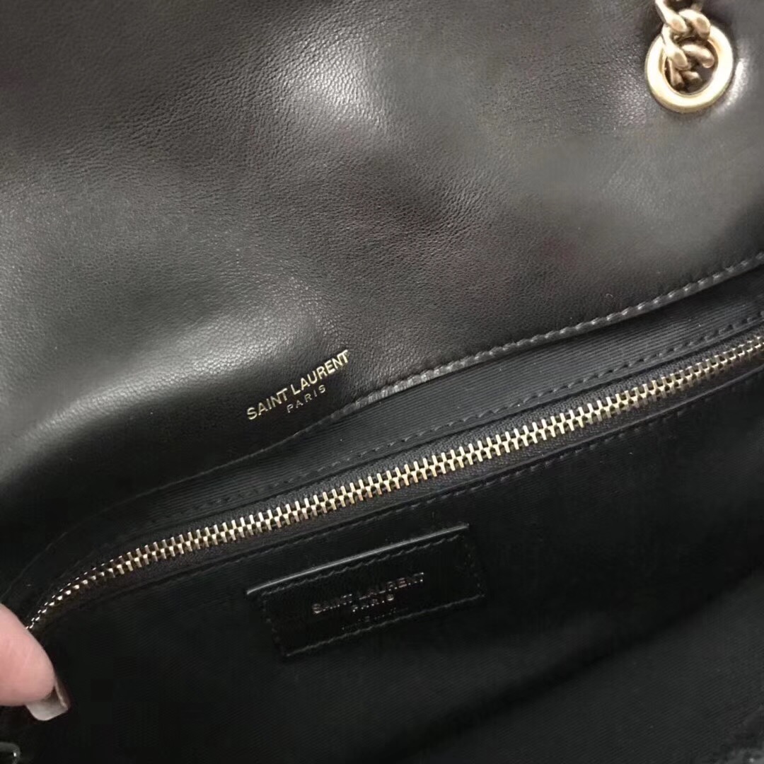 YSL Jamie bag 中號黑色羊皮拼接真皮包 四合扣封口翻蓋包