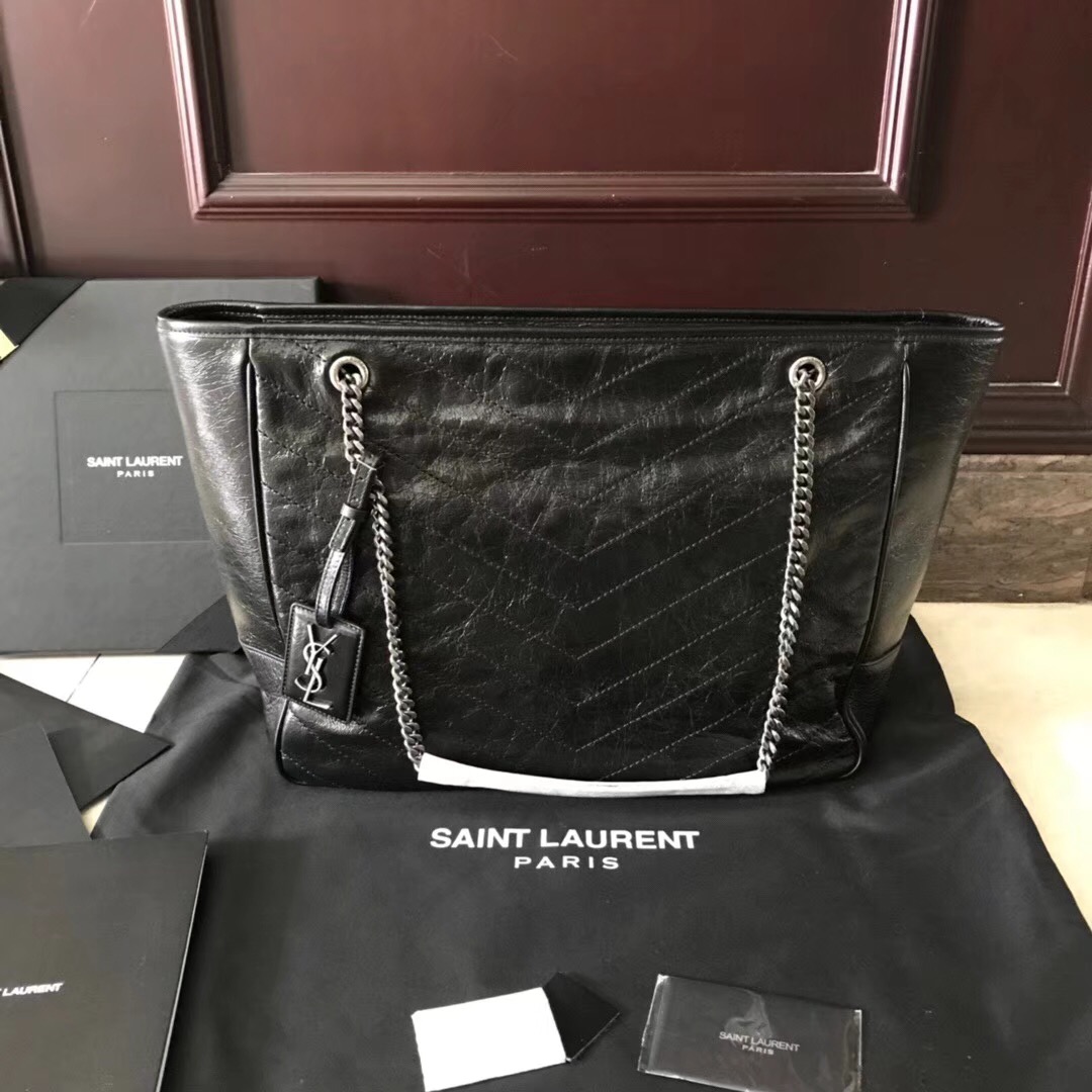 YSL Niki bags large niki shopping bag in crinkled and quilted black leather