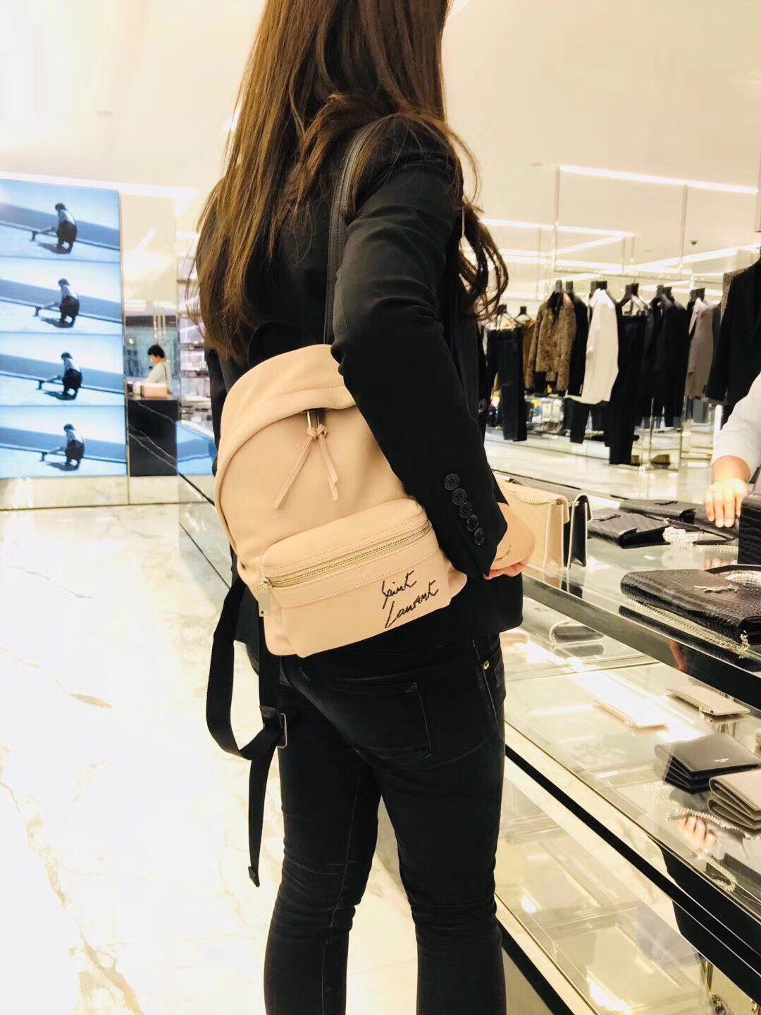 圣罗兰YSL TOY City Backpack Bag迷妳粉色羊皮 真皮刺繡背包