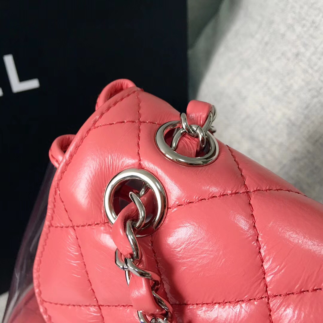 chanel 2018早春系列粉红皺紋小牛皮 PVC 口蓋包Flap bag backpack bag