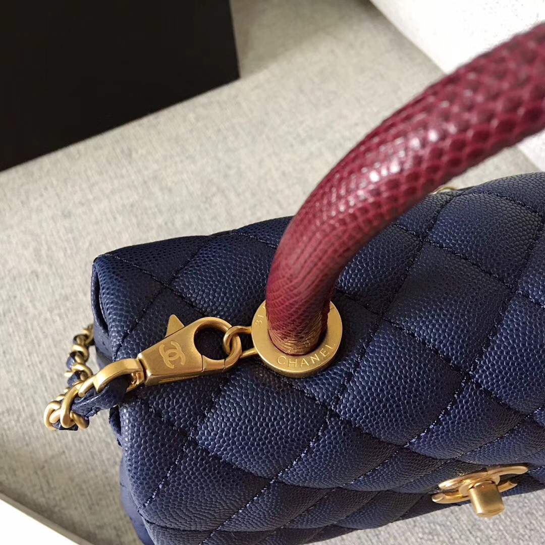 chanel小號23cm復古手提包 深藍色牛皮 蜥蜴皮coco handle bag口蓋包