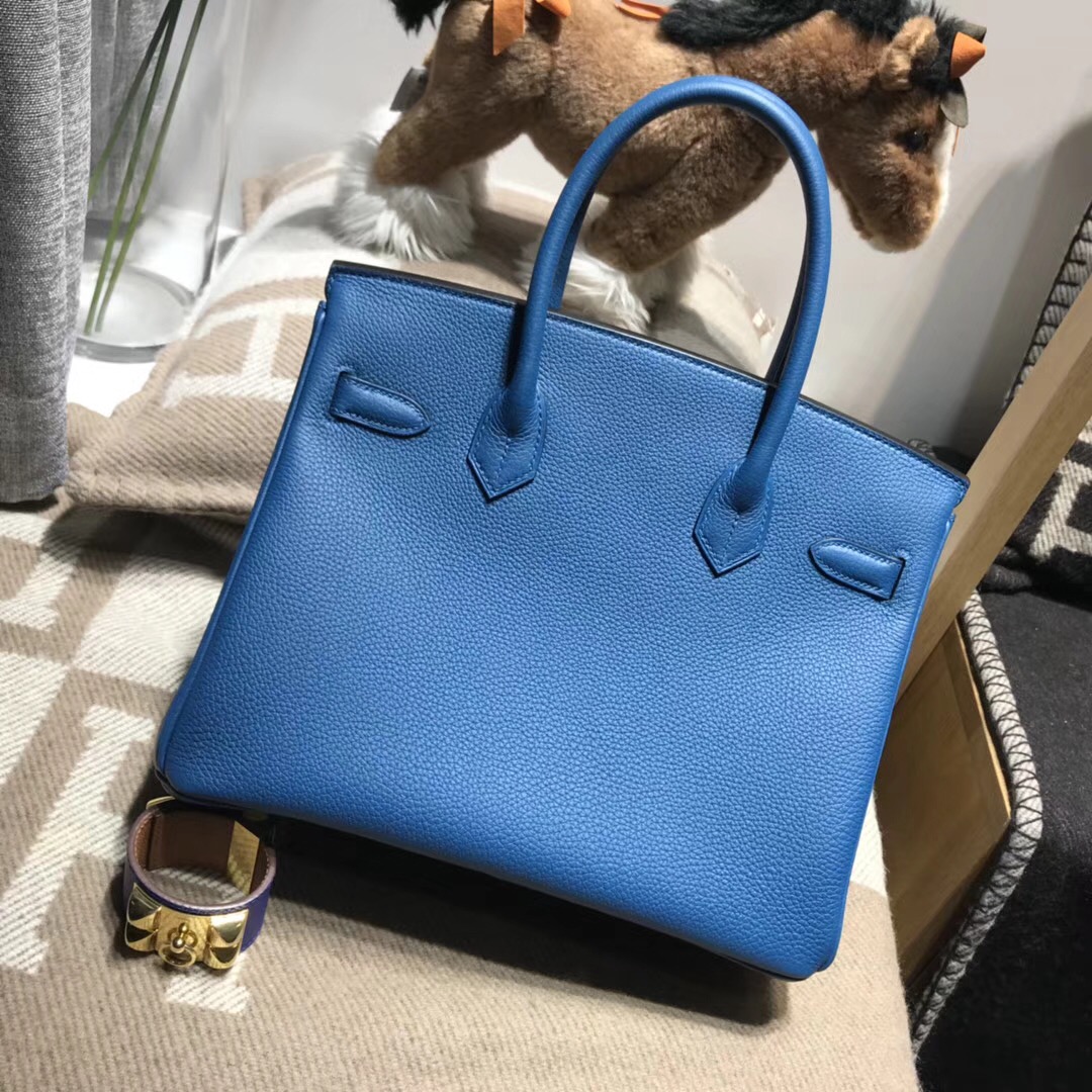 Hermes鉑金包Birkin Togo小牛皮30cm s7加利西亞藍 blue de galice金扣金屬