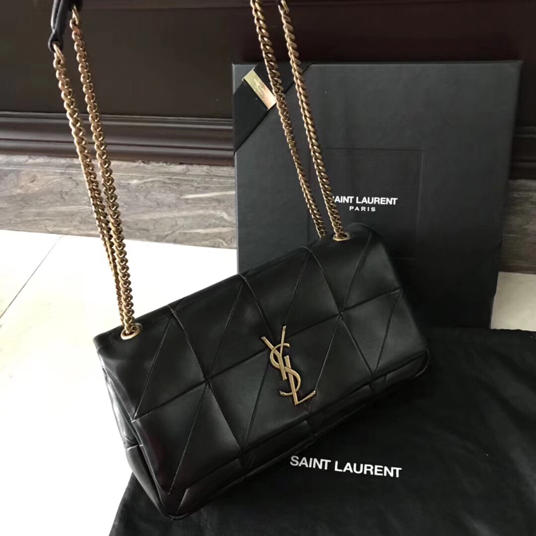 YSL Jamie bag 中號黑色羊皮拼接真皮包 四合扣封口翻蓋包