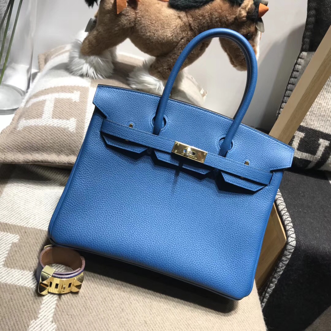 Hermes鉑金包Birkin Togo小牛皮30cm s7加利西亞藍 blue de galice金扣金屬