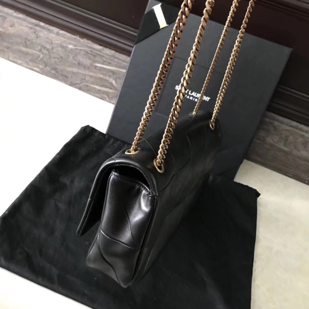 YSL Jamie bag 中號黑色羊皮拼接真皮包 四合扣封口翻蓋包