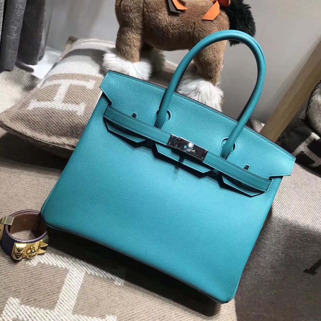 愛馬仕最出名的包袋Hermes birkin 30cm epsom 7f孔雀藍 blue paon  银扣金屬