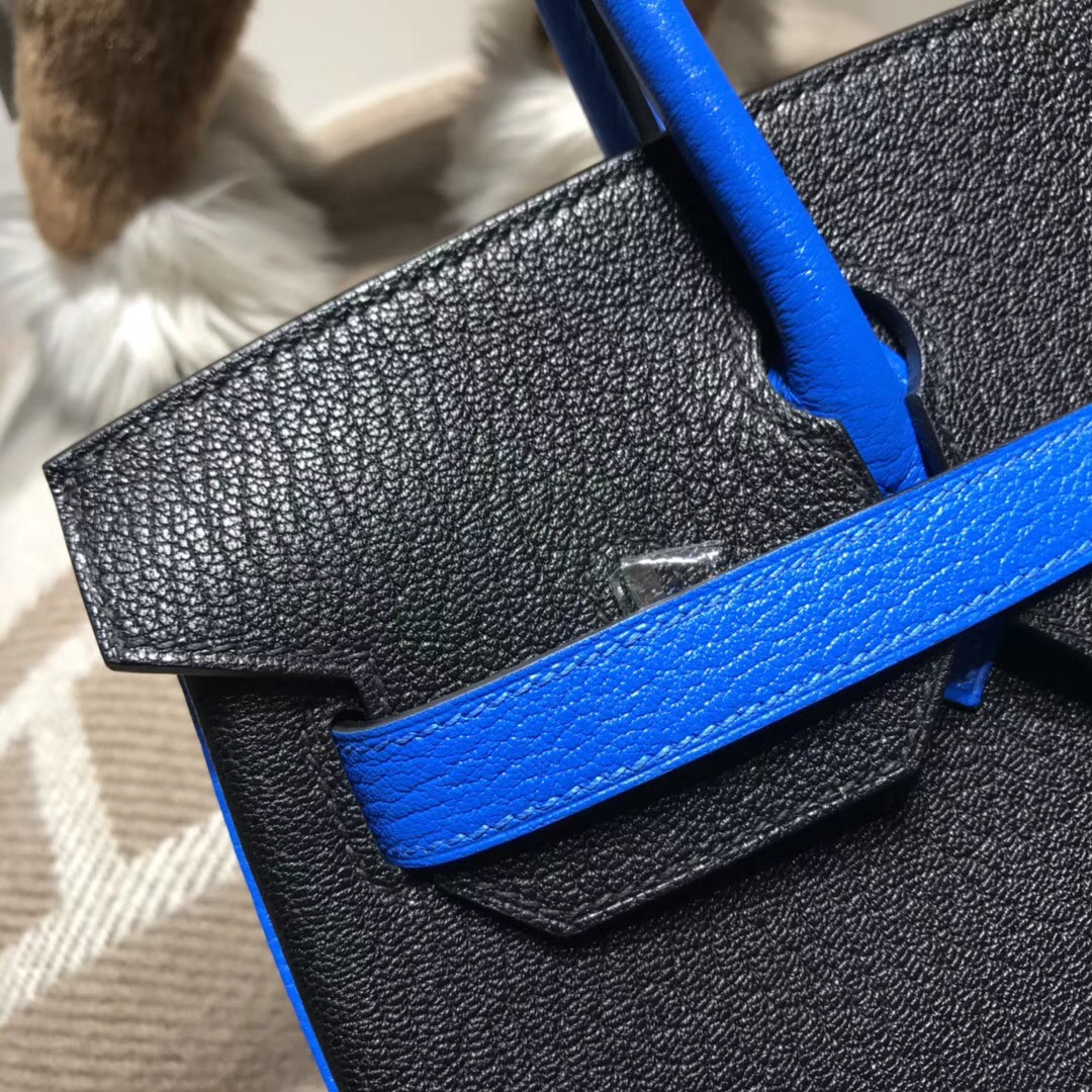 Hermes birkin 30cm山羊皮chevre myzore拼ck89 nior黑色/T7 blue水妖藍銀扣