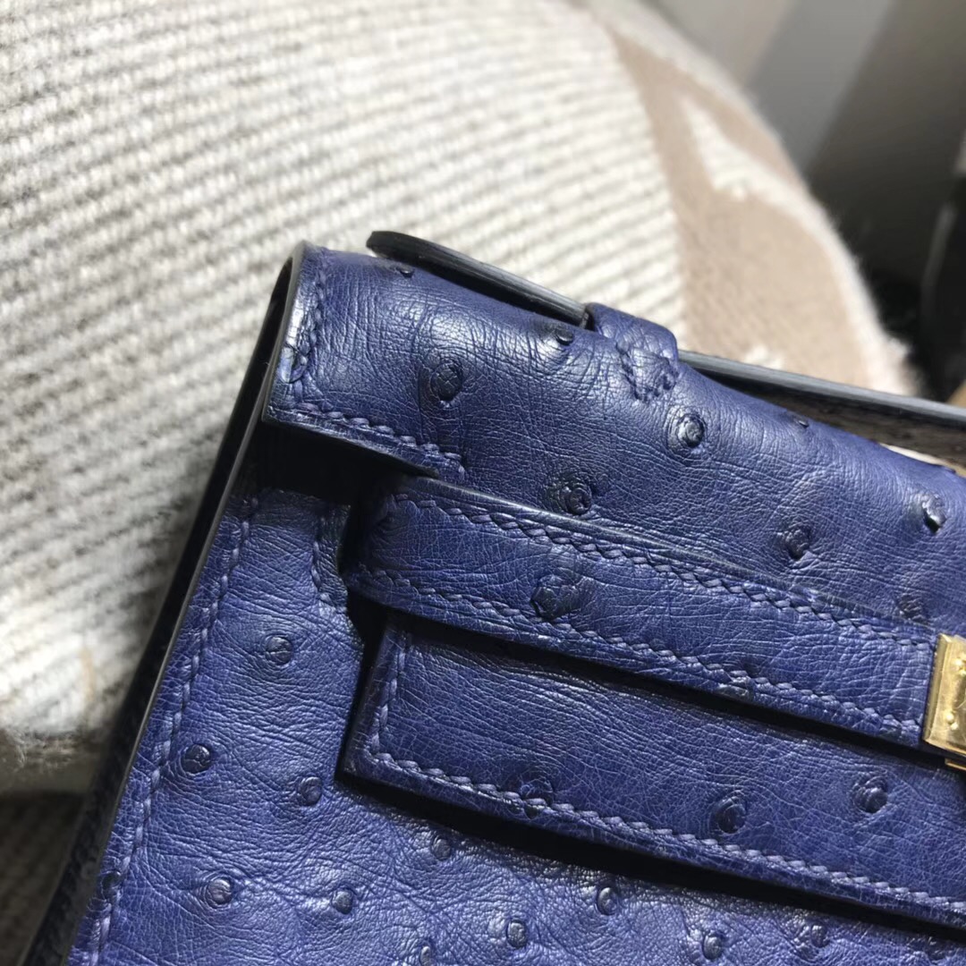 Hermes凱莉包手拿包 mini kelly 22cm 鴕鳥寶石藍 金扣金屬宴會手包