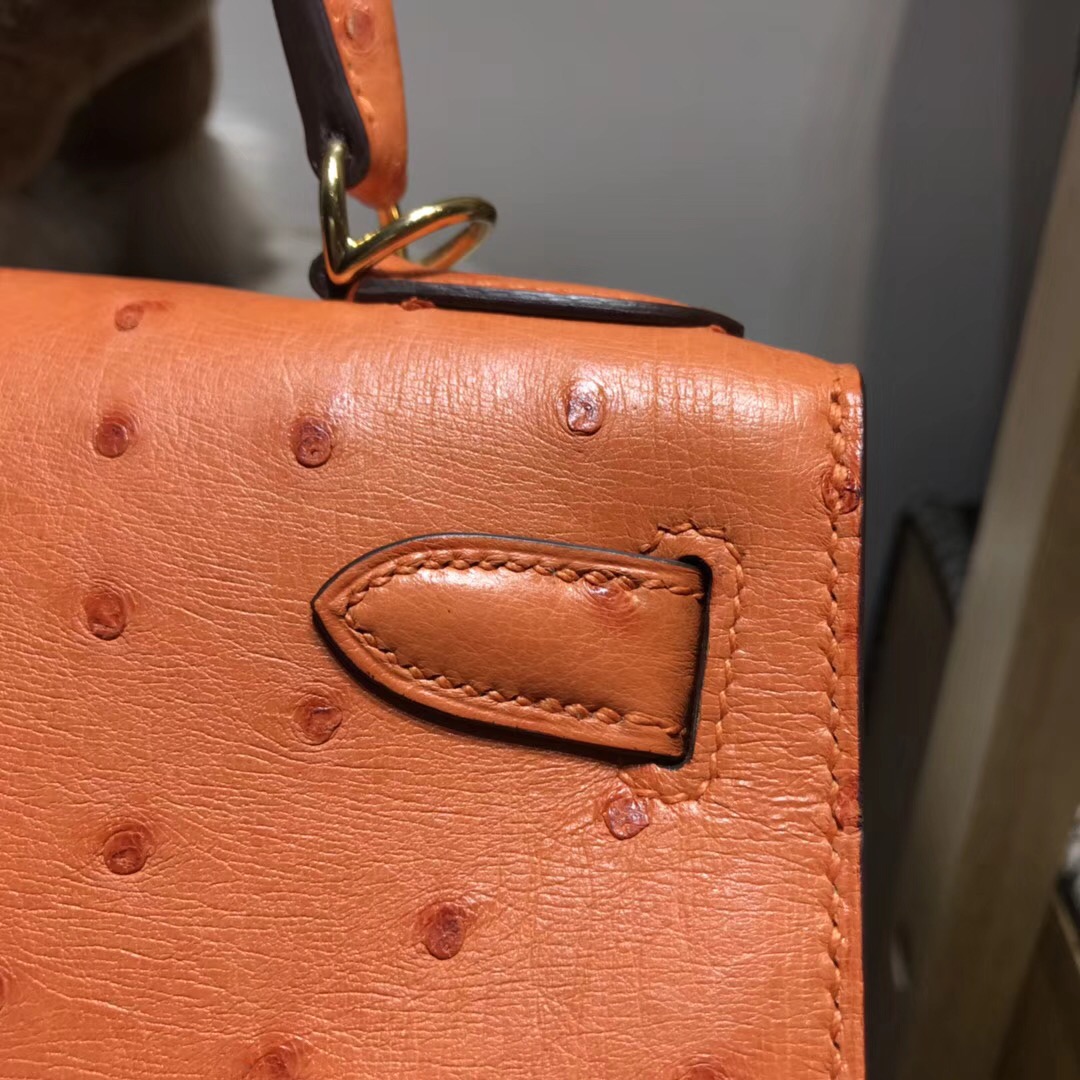 Hermes Kelly 28cm 鴕鳥皮經典橙色CK93 Orange 金扣外封本色蜜蠟線純手縫