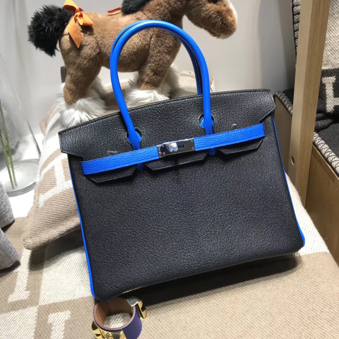 Hermes birkin 30cm山羊皮chevre myzore拼ck89 nior黑色/T7 blue水妖藍銀扣