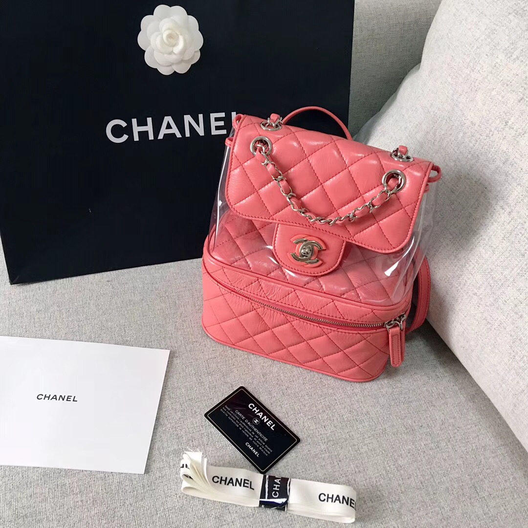 chanel 2018早春系列粉红皺紋小牛皮 PVC 口蓋包Flap bag backpack bag