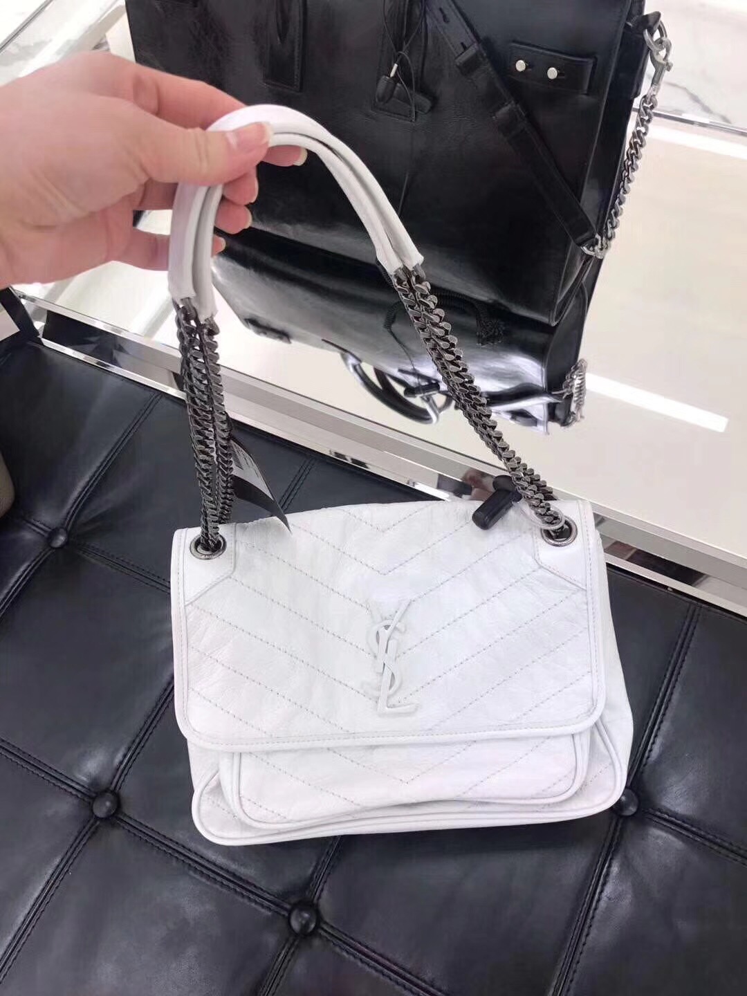 YSL Niki bags medium niki chain bag in crinkled and quilted pearl white leather