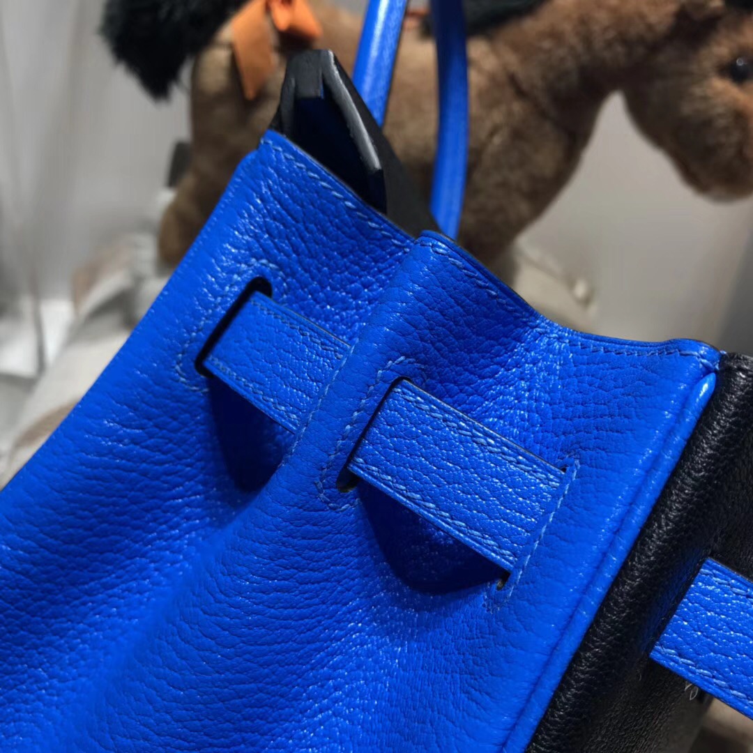 Hermes birkin 30cm山羊皮chevre myzore拼ck89 nior黑色/T7 blue水妖藍銀扣