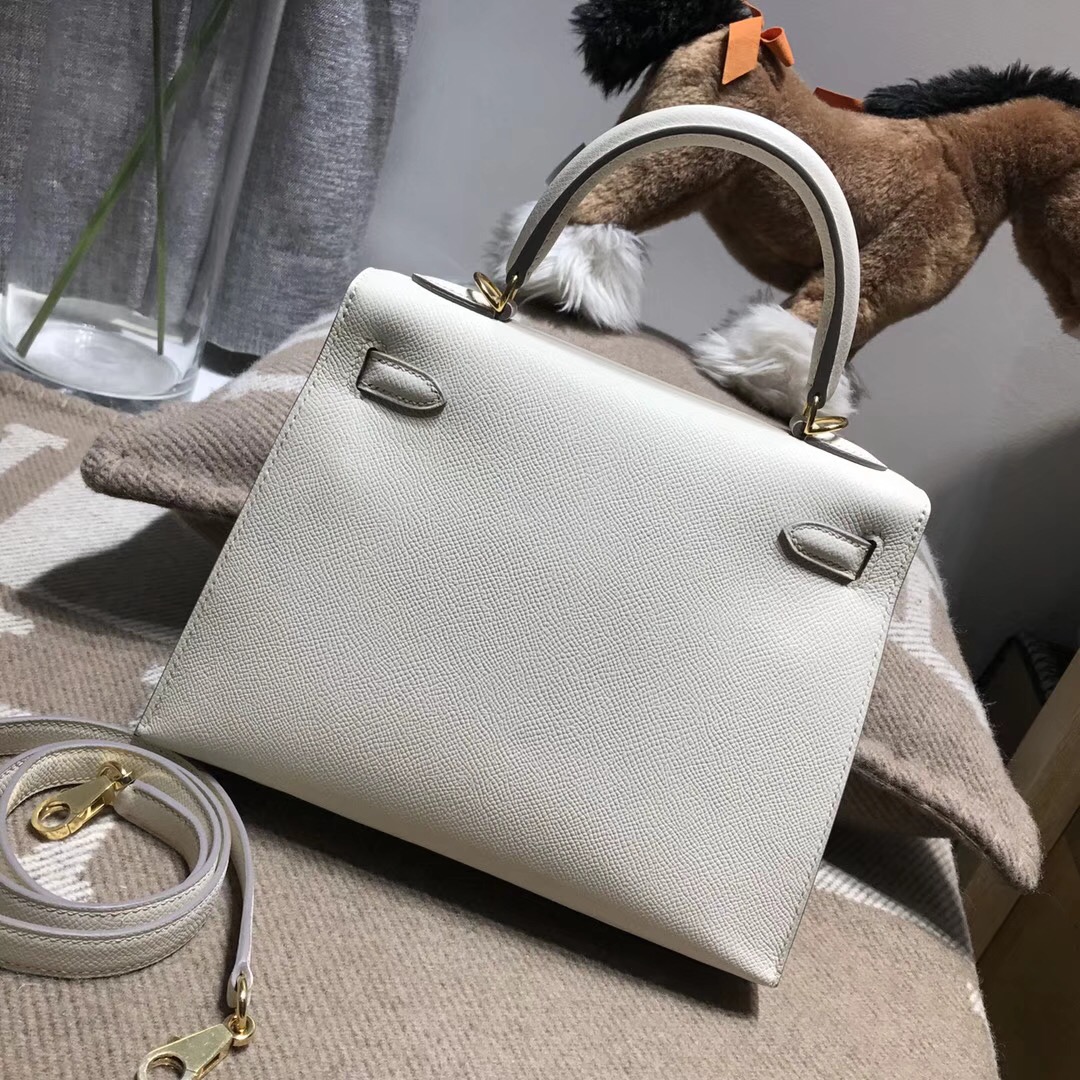 愛馬仕凱莉包Hermes Kelly 25cm Epsom CC10 Craie 奶昔白外縫金扣