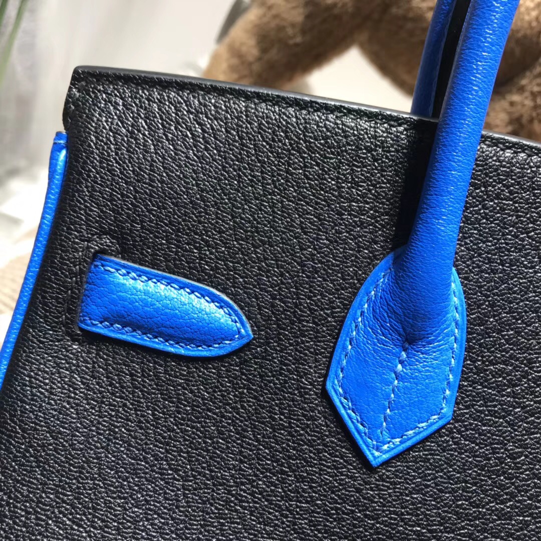 Hermes birkin 30cm山羊皮chevre myzore拼ck89 nior黑色/T7 blue水妖藍銀扣