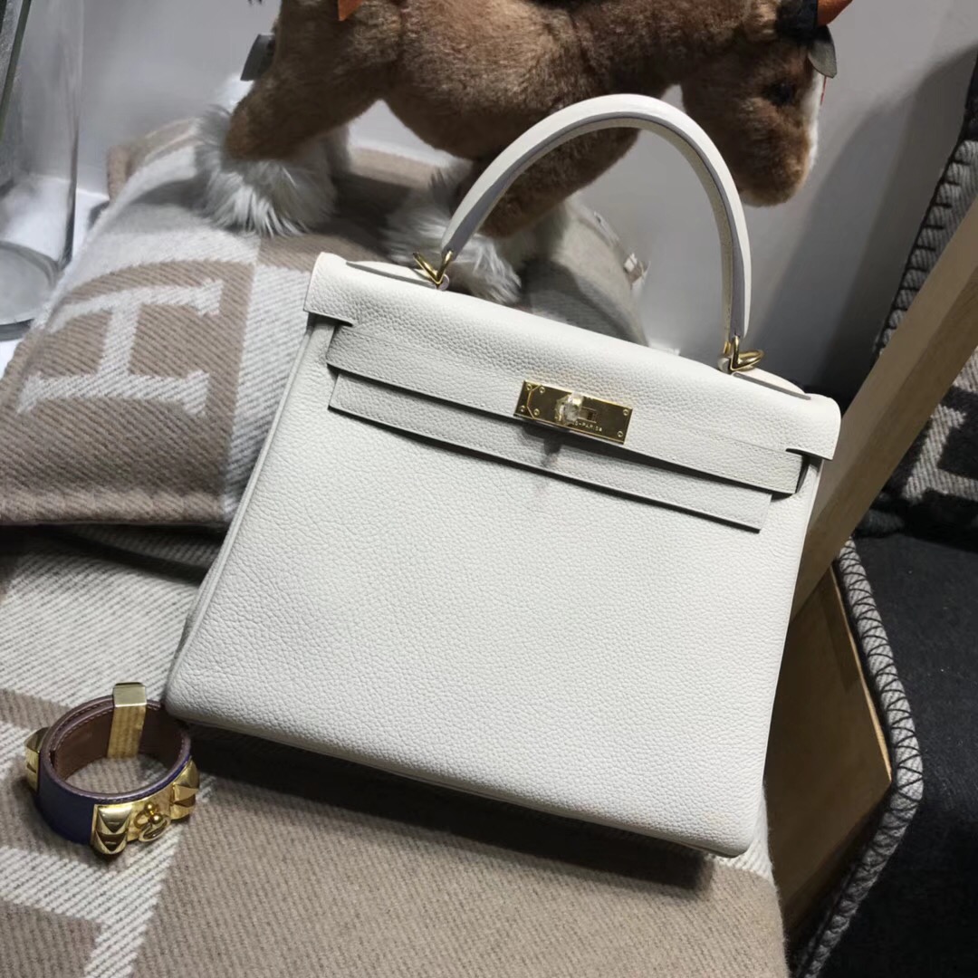 愛馬仕凱莉包Hermes Kelly 28cm Togo小牛皮 CK10 Craie 奶昔白金扣內縫