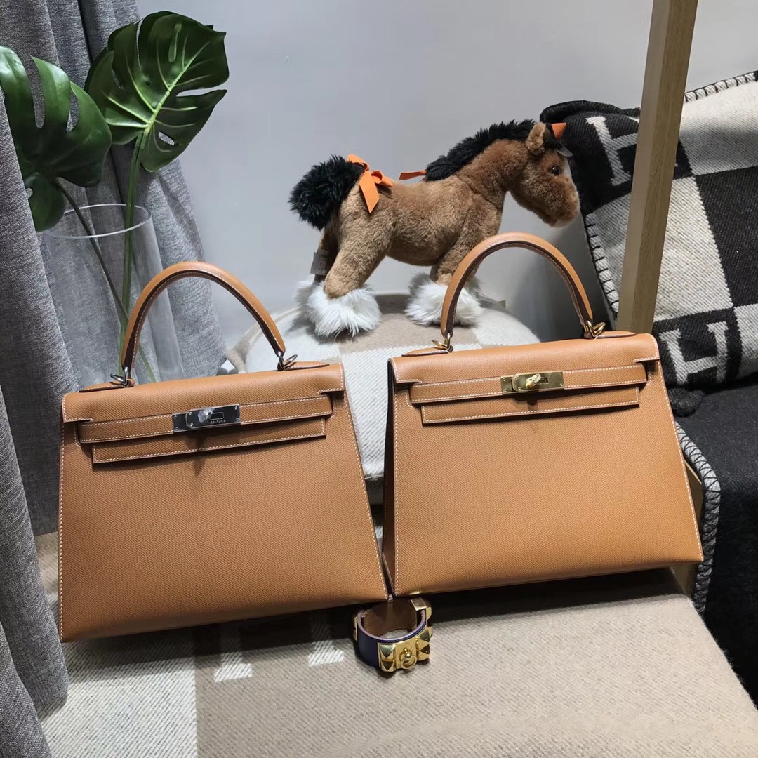 Hermes 凱莉包Kelly 28cm Epsom CK37 Gold金棕色 銀扣金屬外縫