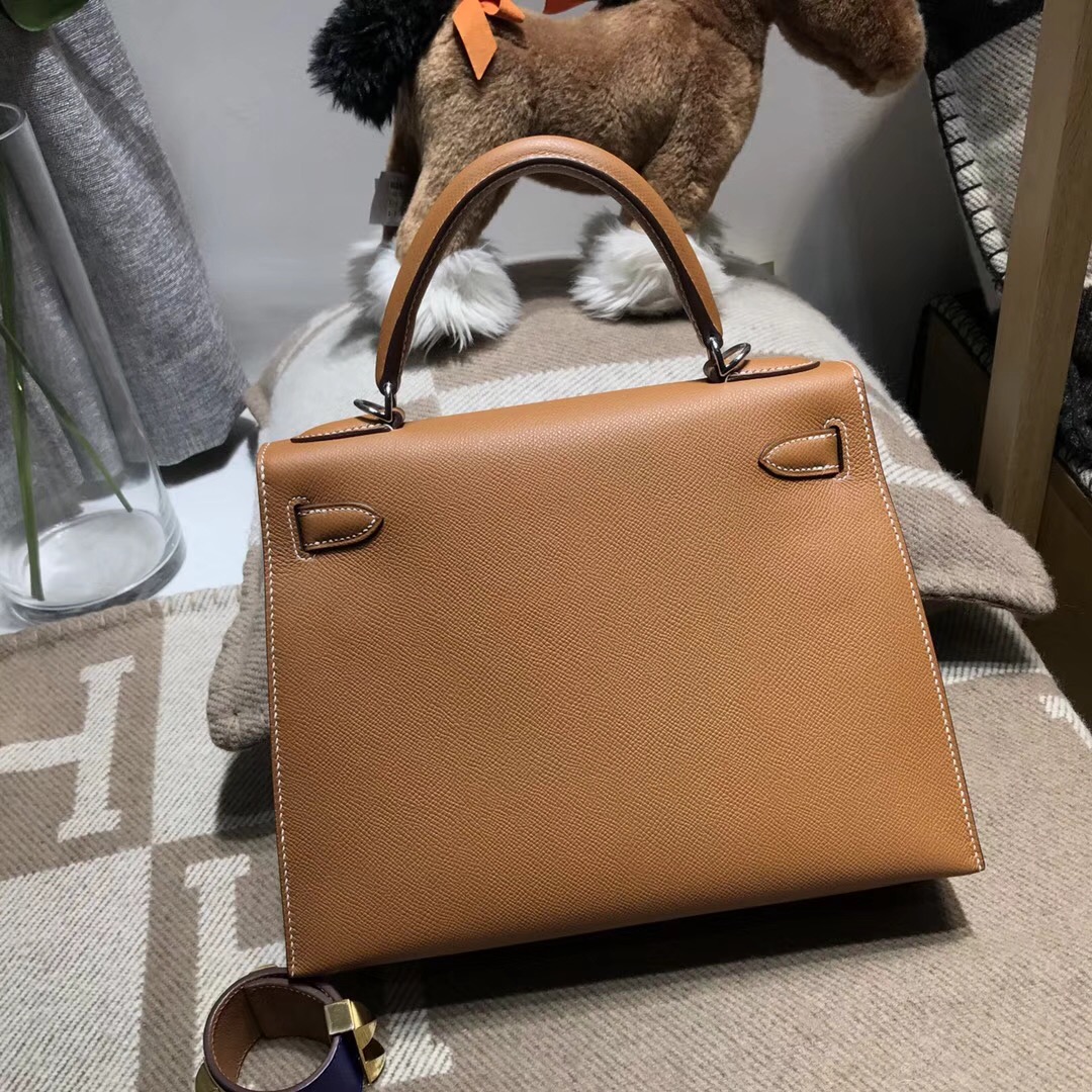 Hermes 凱莉包Kelly 28cm Epsom CK37 Gold金棕色 銀扣金屬外縫