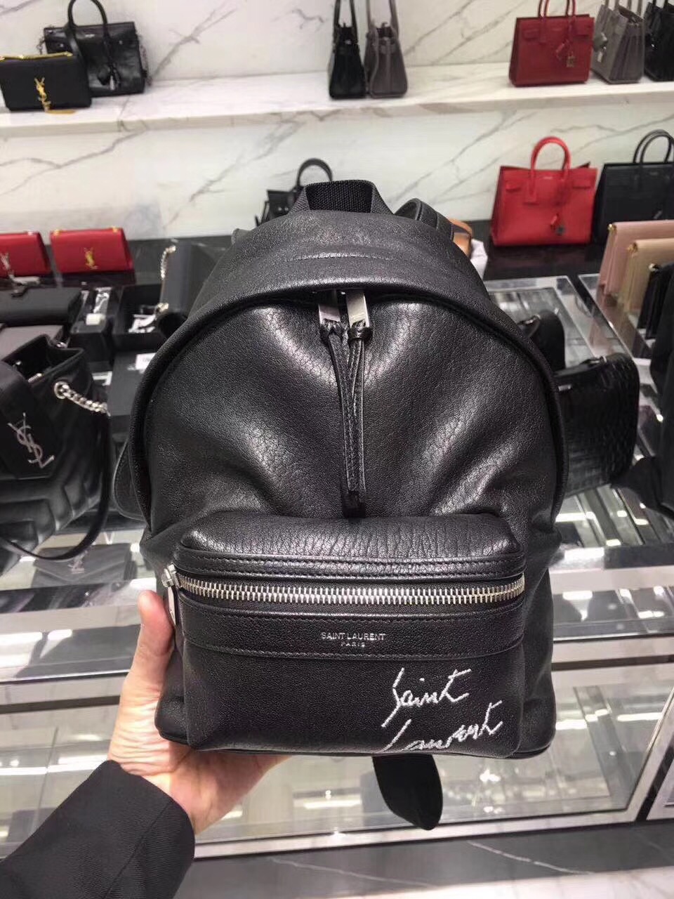 圣罗兰YSL TOY City Backpack Bag迷妳黑色羊皮真皮刺繡双肩背包