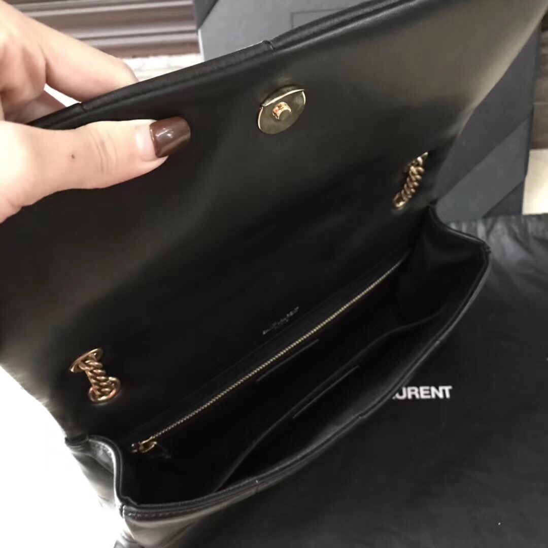 YSL Jamie bag 中號黑色羊皮拼接真皮包 四合扣封口翻蓋包