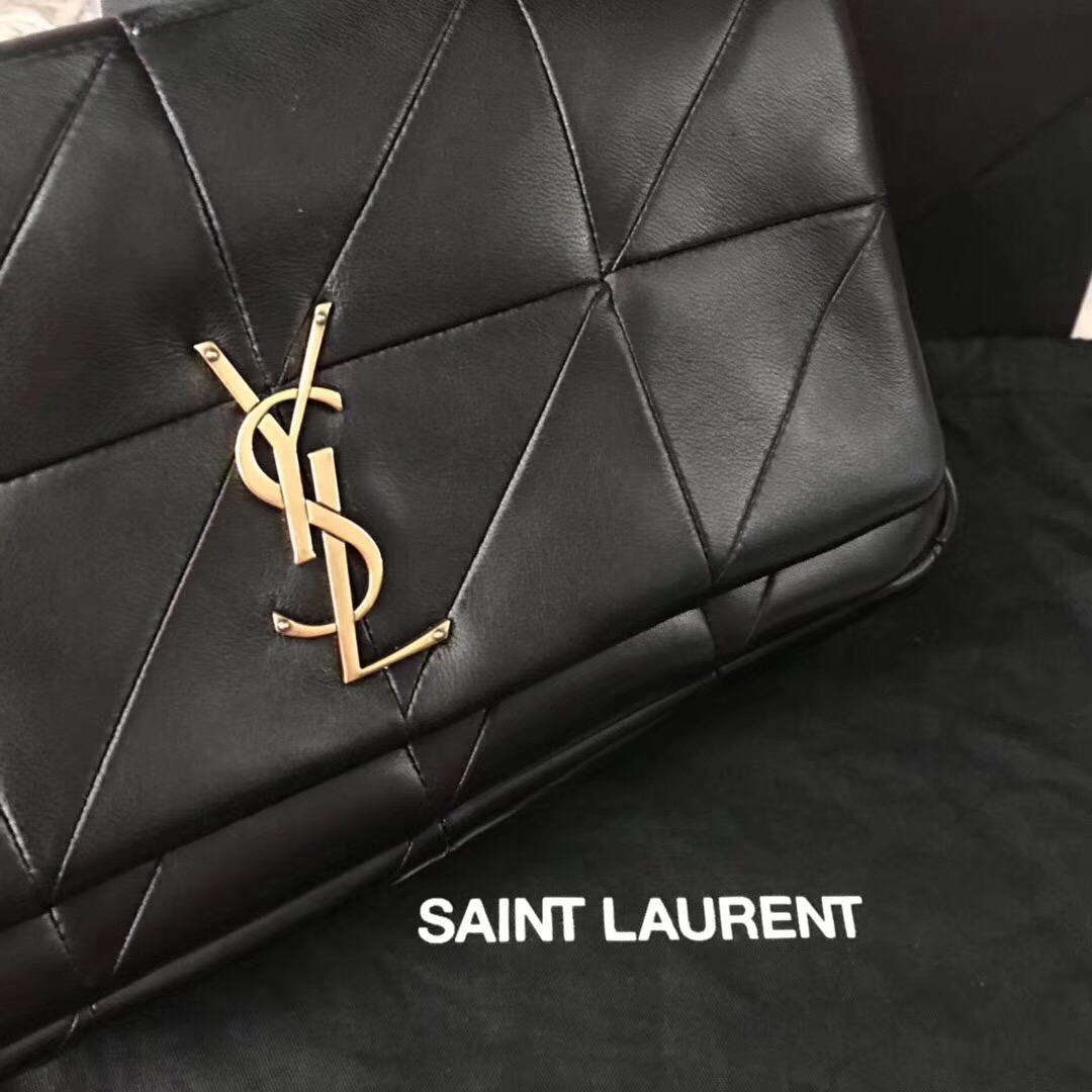 YSL Jamie bag 中號黑色羊皮拼接真皮包 四合扣封口翻蓋包