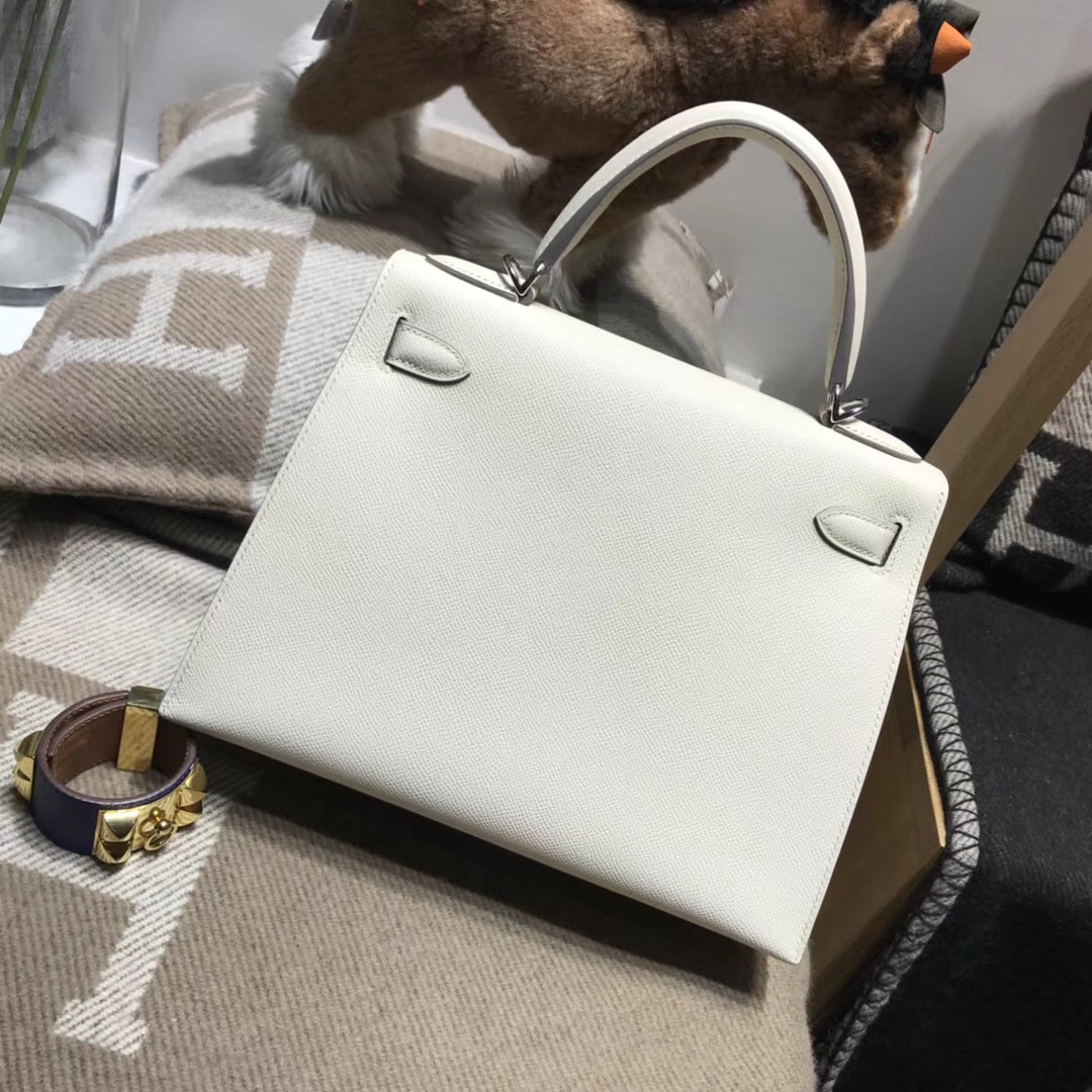 愛馬仕凱莉包Hermes Kelly 28cm Epsom CC10 Craie奶昔白外縫银扣