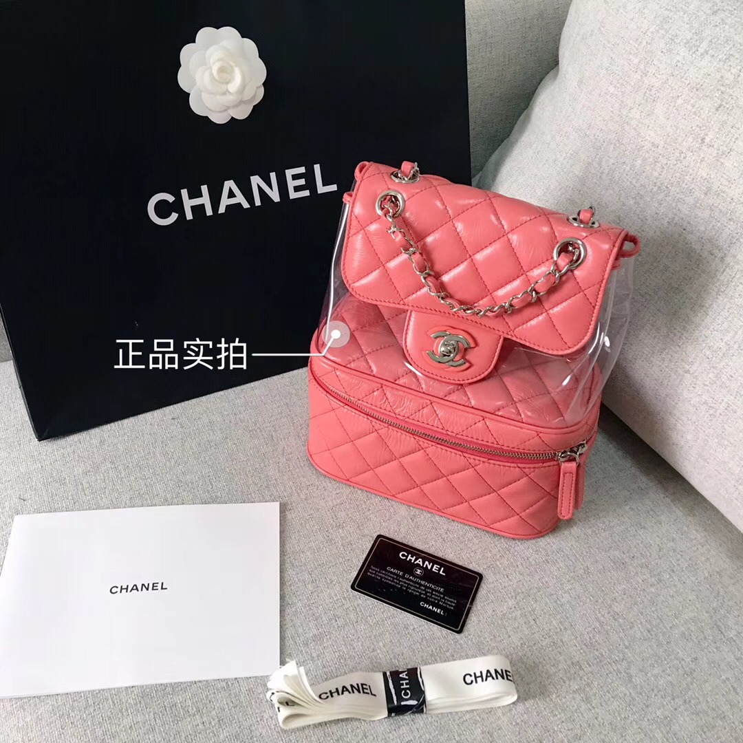 chanel 2018早春系列粉红皺紋小牛皮 PVC 口蓋包Flap bag backpack bag