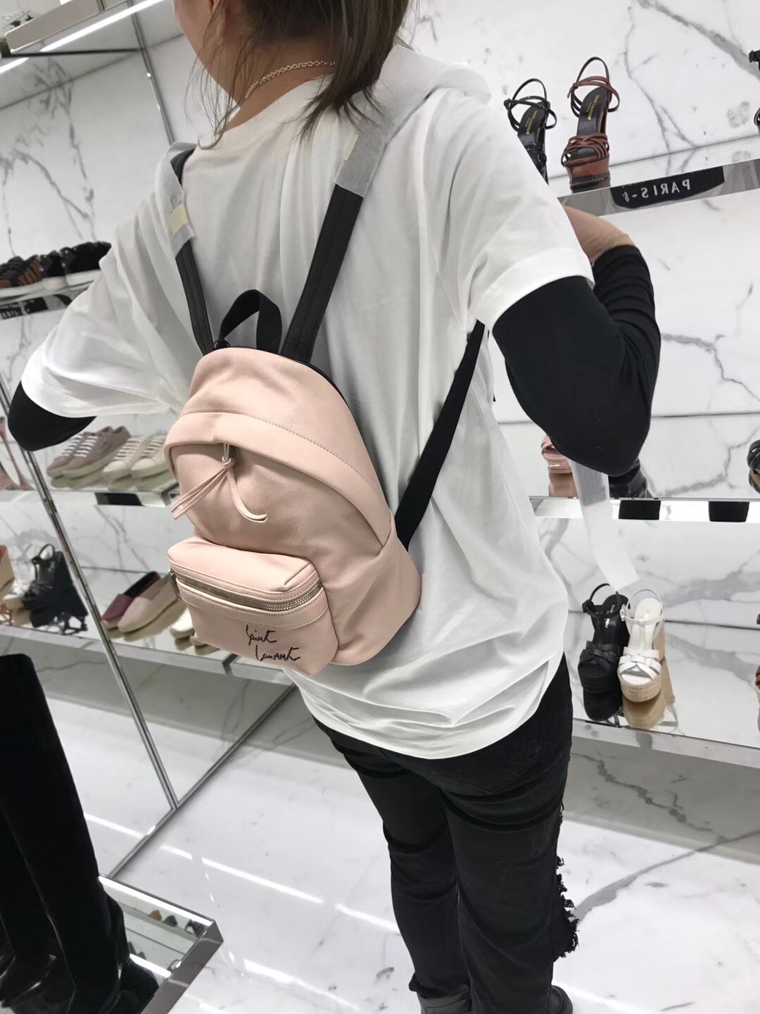 圣罗兰YSL TOY City Backpack Bag迷妳粉色羊皮 真皮刺繡背包