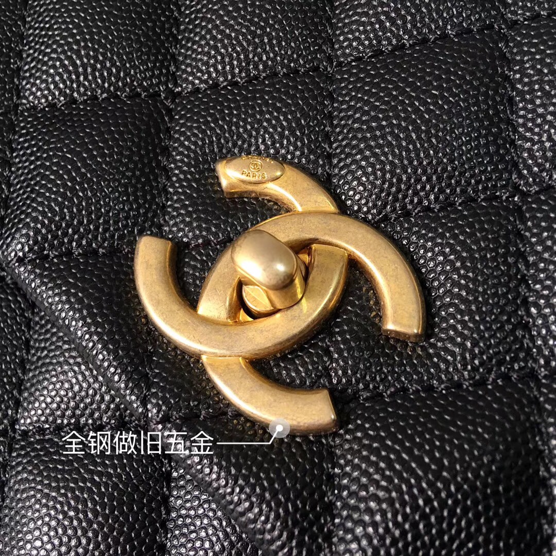 chanel復古手提包黑色小牛皮 蜥蜴皮 中號 coco handle bag 口蓋包 復古金